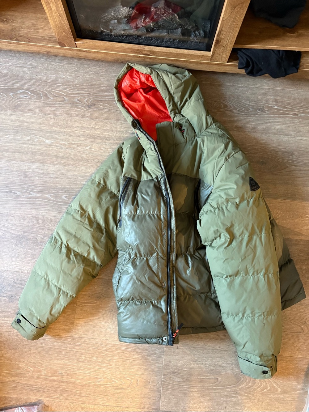 Avalanche Olive Green Puffer Jacket with Red Lining